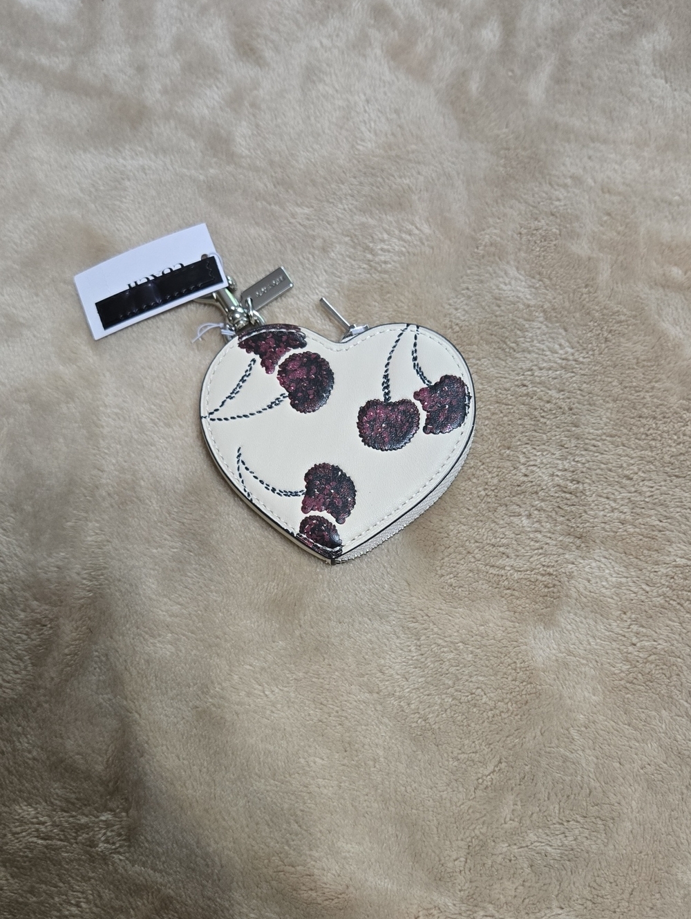 Coach Heart-Shaped Key & Card Holder in White with Cherry Print